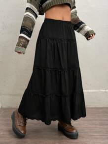 SHEIN EZwear 女性復古多層蛋糕超長半身裙 - 黑色 - 查看 3