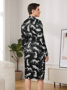 Men's One-piece Leopard Print Robe With Waist Belt - Black - View 2