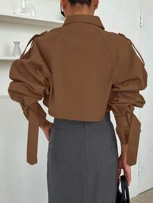 DAZY Khóa Tay áo Tay Raglan Áo khoác Trench - màu nâu - Xem 2