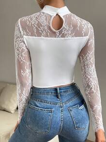 Allurite Eyelash Lace Panel Cut Out Front Crop Bustier Top - White - View 2