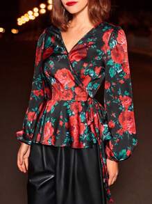 SHEIN Frenchy Blusa cruzada con estampado floral de manga farol con nudo lateral