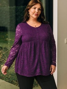 EMERY ROSE Camisa De Encaje Para Mujeres De Talla Grande Con Botones - Morado - Ver 4