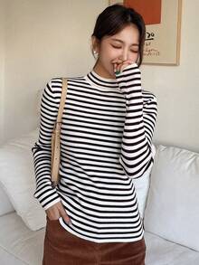 DAZY Của phụ nữ Sọc Thon gọn Áo len - Rỉ Nâu - Xem 3