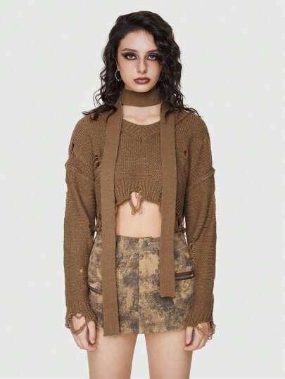 Grunge Punk Pull Épaule Dénudée Pour Femme En Détresse