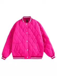 SHEIN EZwear Slant Pockets Striped Trim Drop Shoulder Quilted Coat - Hot Pink - View 5