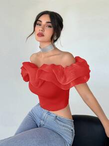 Aloruh Off Shoulder Red Casual Women's Shirt - Red - View 4