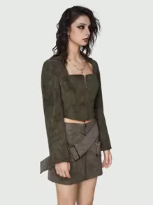 ROMWE Grunge Punk Damen-pu-langarmoberteil Mit Quadratischem Ausschnitt Und Reißverschluss - Olivgrün - Übersicht 4