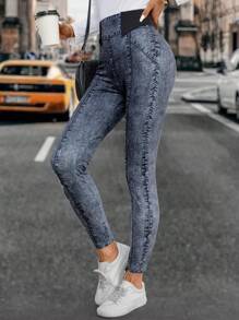 SHEIN LUNE Quần jegging in hiệu ứng denim eo tương phản dành cho nữ - Màu xanh lam - Xem 1
