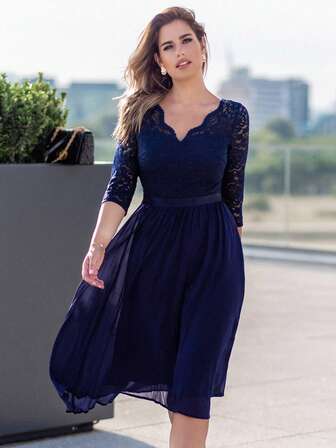 MIUSOL V Neck Floral Lace Contrast Bodice Chiffon Cocktail Party Swing Dress