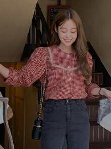 DAZY Women's Plaid Shirt,Long Sleeve Tops - Red - View 4