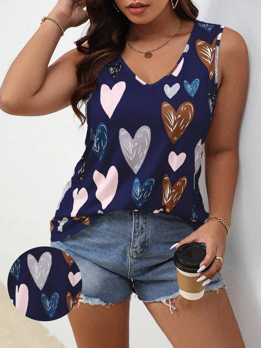 Calvaya Plus Size Women's Heart Print Tank Top For Summer - Multicolor - View 1