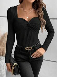 Chiquease 优雅女士扭纹结前长袖 T 恤 - 黑色 - 查看 5