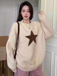 DAZY 星星图案落肩超大毛衣 Y2K、长袖上衣、秋装 - 杏色 - 查看 6