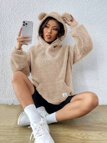 SHEIN EZwear 字母貼布袋鼠口袋落肩袖毛絨帽衫 - 杏色 - 查看 3