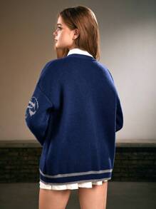 Harry Potter | ROMWE Women's Rauenclaw Letter Embroidered Badge Dropped Shoulder Loose Cardigan Sweater - Blue - View 2