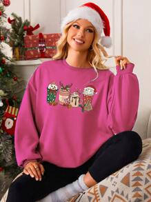 SHEIN EZwear 女士休閒粉紅聖誕圖案運動衫 - 玫紅色 - 查看 1
