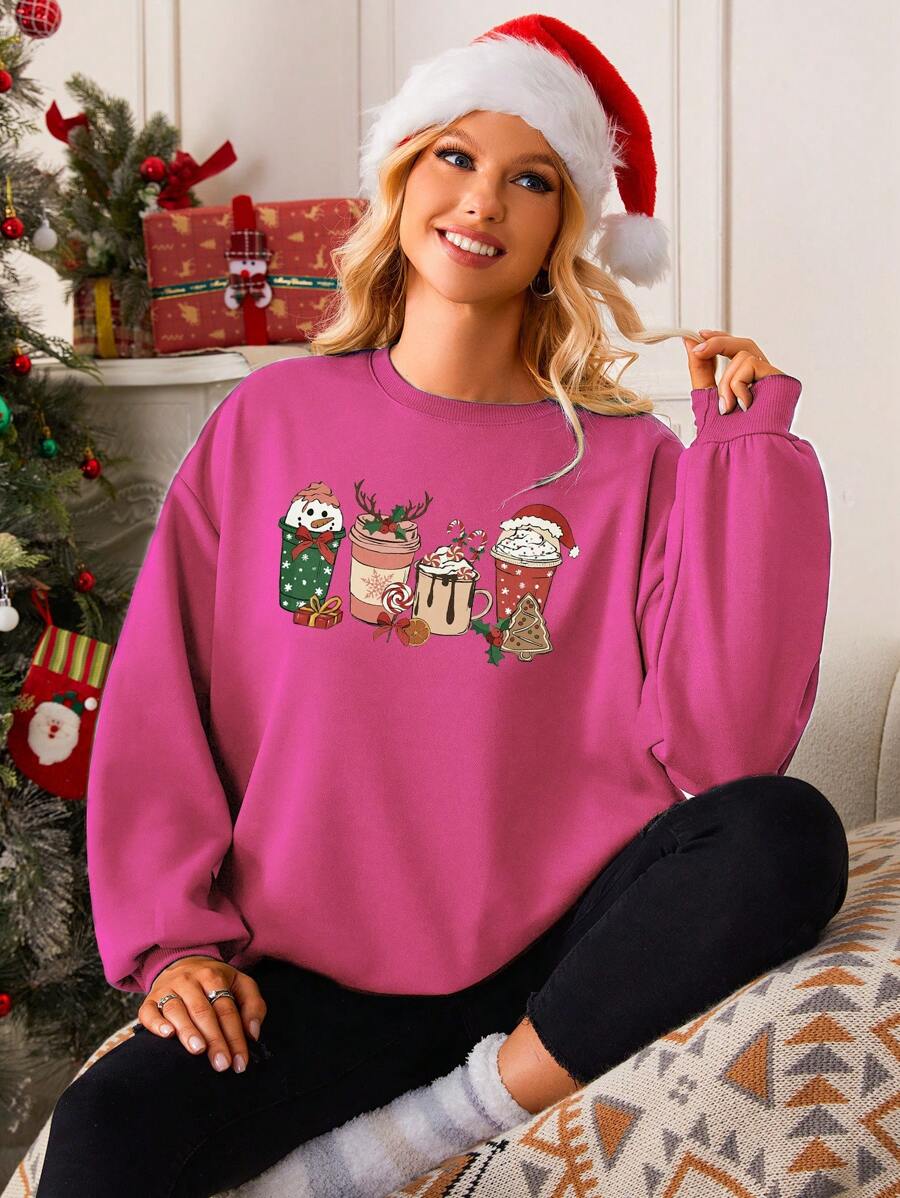 SHEIN EZwear 女士休閒粉紅聖誕圖案運動衫 - 玫紅色 - 查看 1