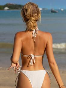 女士纯色吊带比基尼套装夏季海滩 - 白色 - 查看 2
