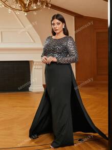 Plus Size Sequined Mesh Contrast Double-Layered Hem Evening Dress