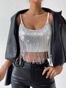 Allurite Sequin Fringe Trim Crop Cami Top - White - View 1