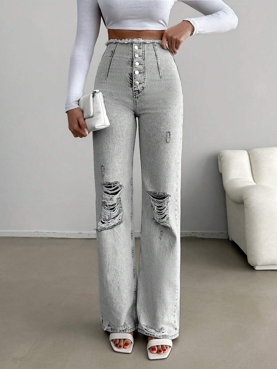 EURMUSE Distressed-jeans Mit Knopfleiste - Hellgrau - Übersicht 1