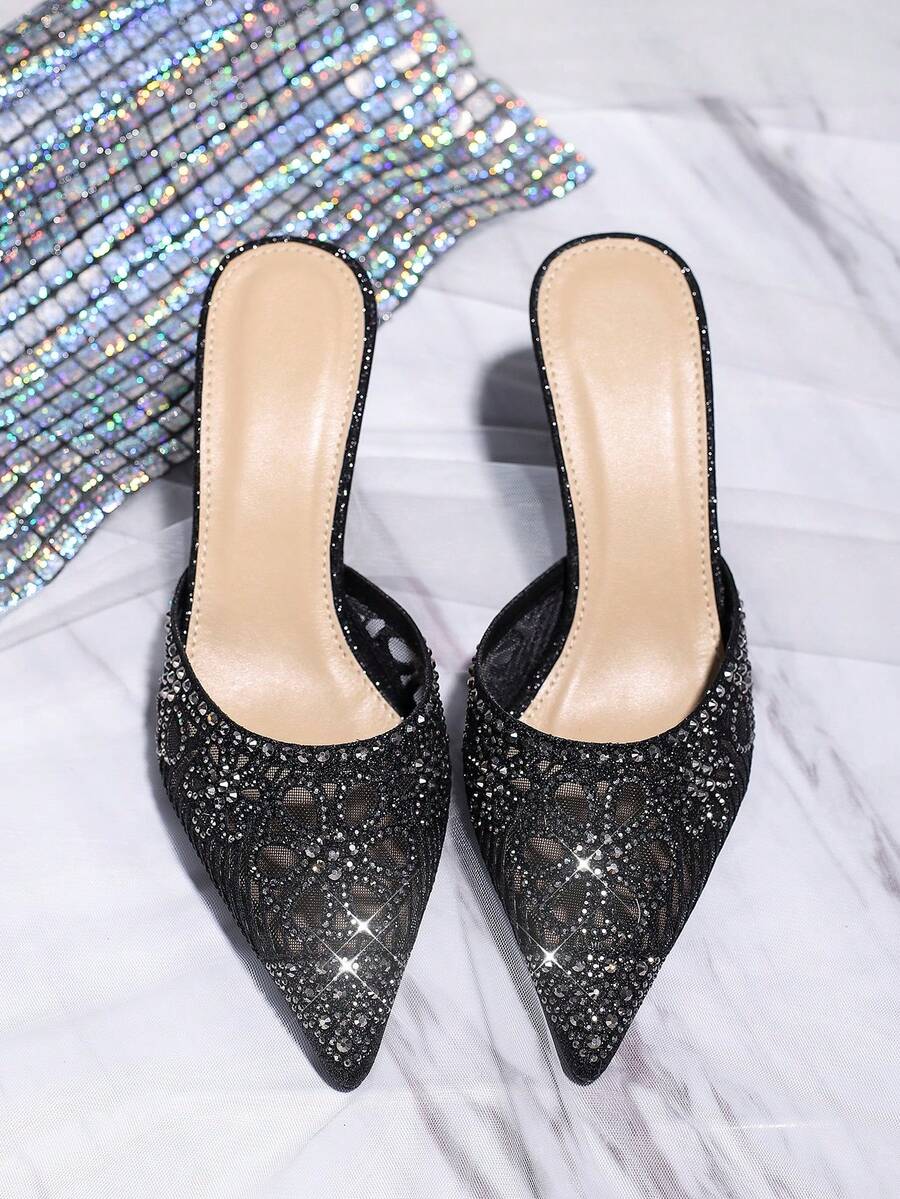 女性鑽石裝飾高跟鞋迷人的閃爍尖頭鞋婚禮派對細跟鞋黑色磨砂拖鞋黑色鞋春夏款 - 黑色 - 查看 1