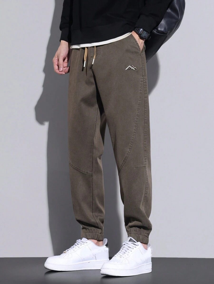 Men's Casual Drawstring Elastic Waist Tapered Pants - Coffee Brown - View 1