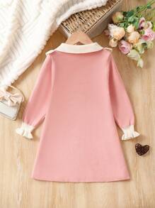 SHEIN 女小童雙色荷葉邊喇叭袖毛衣洋裝 - 粉色 - 查看 2