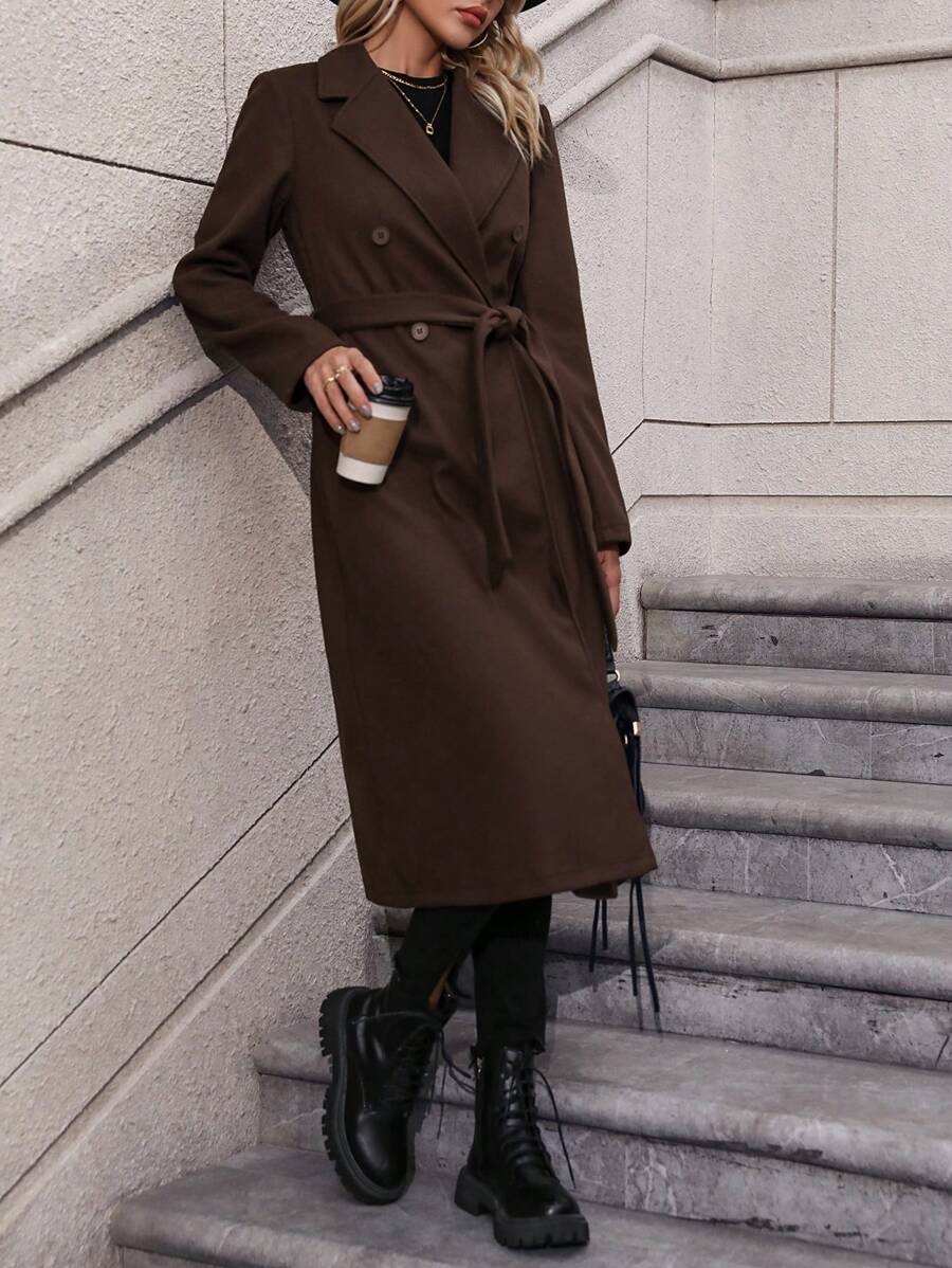 SHEIN Clasi 女士雙排扣腰帶羊毛外套 - 咖啡棕 - 查看 1