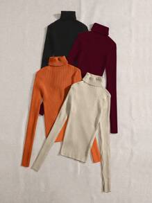 SHEIN LUNE 4pcs Turtleneck Ribbed Knit Sweater,Long Sleeve Tops