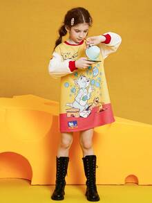 TOM & JERRY X SHEIN Tween Girl Cartoon Pattern Drop Shoulder Dress - Multicolor - View 4