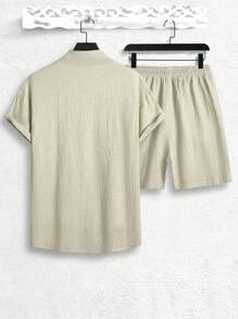 Manfinity Conjunto De Camisa De Mangas Cortas De Cuello Alto Y Pantalones Cortos De Diseño Con Cordón De Color Sólido Para Hombre - Albaricoque - Ver 2
