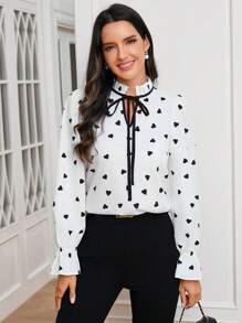 SHEIN Clasi Women's Heart Patterned Frill Collar Shirt - Black and White - View 4