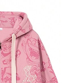 Men Cartoon Graphic Zip Up Drawstring Hooded Thermal Lined Sweatshirt - Pink - View 4
