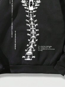 ROMWE MEN Street Life Men Letter & Skeleton Pattern Hooded Drawstring Pocket Drop Shoulder Sleeve Sweatshirt - Black - View 7
