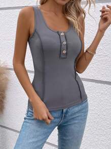 SHEIN LUNE 女士夏季紋路釦半門襟無袖背心