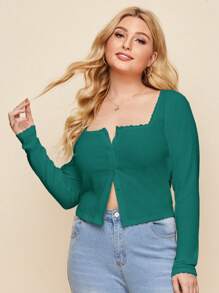 SHEIN Essnce Plus Button Front Rib-knit Tee - Dark Green - View 1