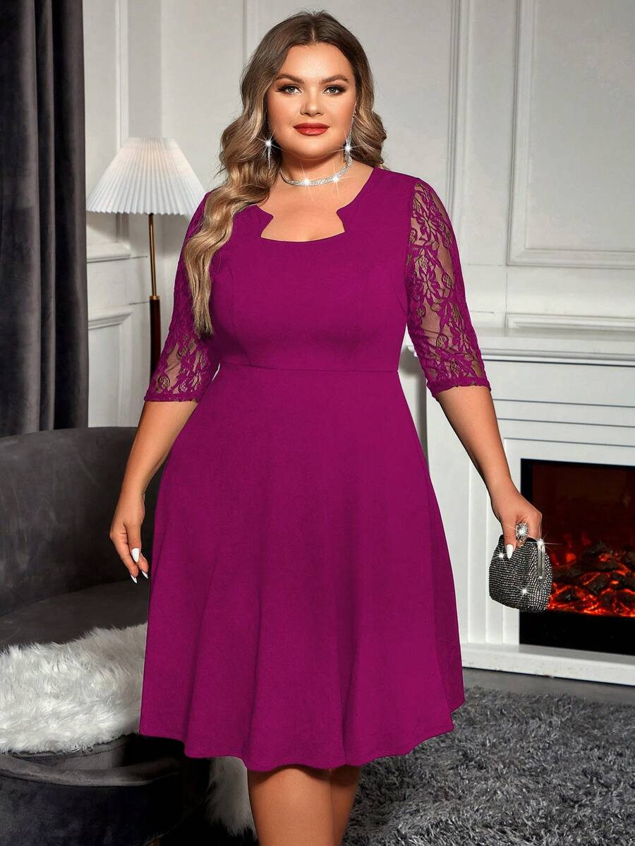 SHEIN Clasi Plus Contrast Lace Notched Neckline Dress - Red Violet - View 1