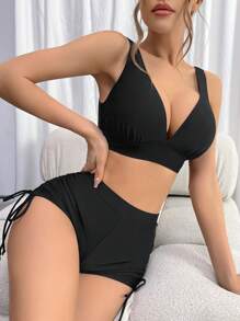 Swim DD+ Của phụ nữ Màu thuần Áo vest Phong cách Bikini Với dây rút - màu đen - Xem 5