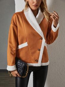 Chiquease Contrast Trim Teddy Lined Coat Fall Cloth For Women - Brown - View 6