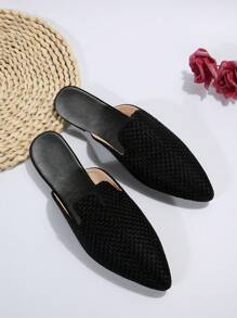 2025 Autumn Oversize 35-45 Women's Pointed Toe Slip-On Flats, Gold Color, Low Heel, Outdoor & Daily Wear PU Leather Soft Sole Moccasins Flat Shoes, Fit With Dresses, Slip On Design,Mule - Black - View 3