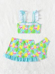 SHEIN Young Girl Three-Piece Frill Trim Bikini Set With Random Printing, Separable Summer Beach - Green - View 2