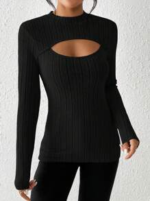 Chiquease Cut Out Front Mock Neck Tee Fall Cloth For Women - Black - View 3