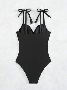 SHEIN Swim Women's Solid Color One-piece Swimsuit With Strap - Black - View 4