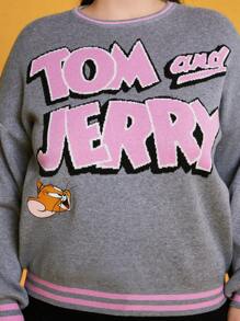 TOM & JERRY X SHEIN Hơn Phim hoạt hình và chữ cái Mẫu Thả vai Vòng cổ Áo len - Xám - Xem 6