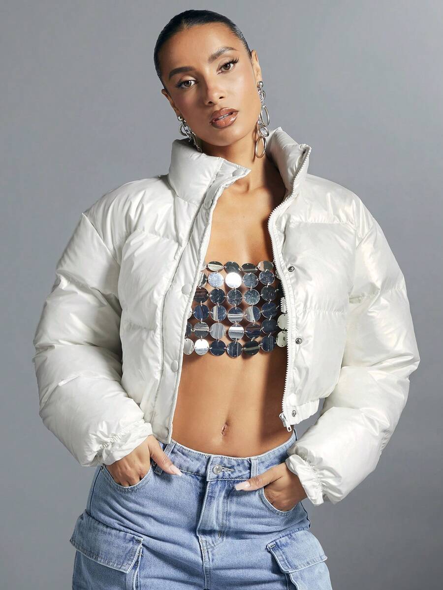 SHEIN BAE 纯色按扣拉链前衬垫大衣 - 白色 - 查看 1