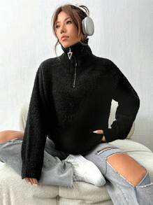Flirla Half Zip Drop Shoulder Knit Pullover Fall Winter Sweater - Black - View 1