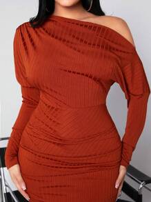 SHEIN SXY Women's Solid Color Oblique Shoulder High Low Dress - Brown - View 5