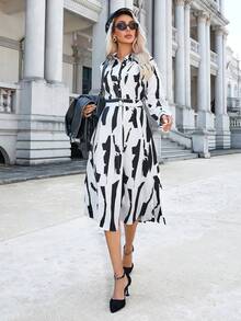 GENKIRA 女款長袖幾何印花束帶襯衫洋裝 - 黑與白 - 查看 4