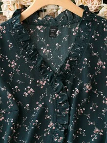 SHEIN Clasi Áo cánh xếp nếp họa tiết hoa nhỏ nhắn, mùa hè - Màu xanh lá cây đậm - Xem 4